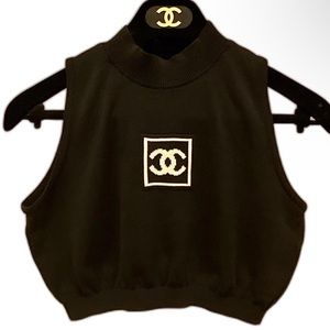 CHANEL IDENTIFICATION ICONIC CROP TOP CC BLACK CROPPED ARIANA GRANDE Sz S
